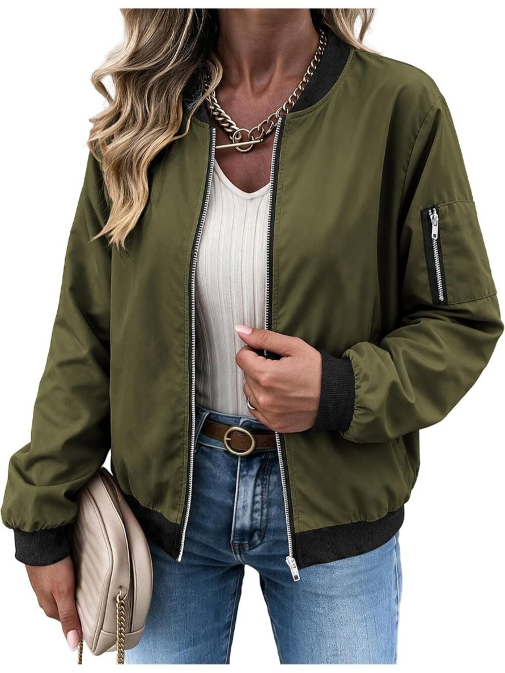 Women's Olive 100% Polyester Zip Up Utility Pocket Spring Flight Bomber Jacket